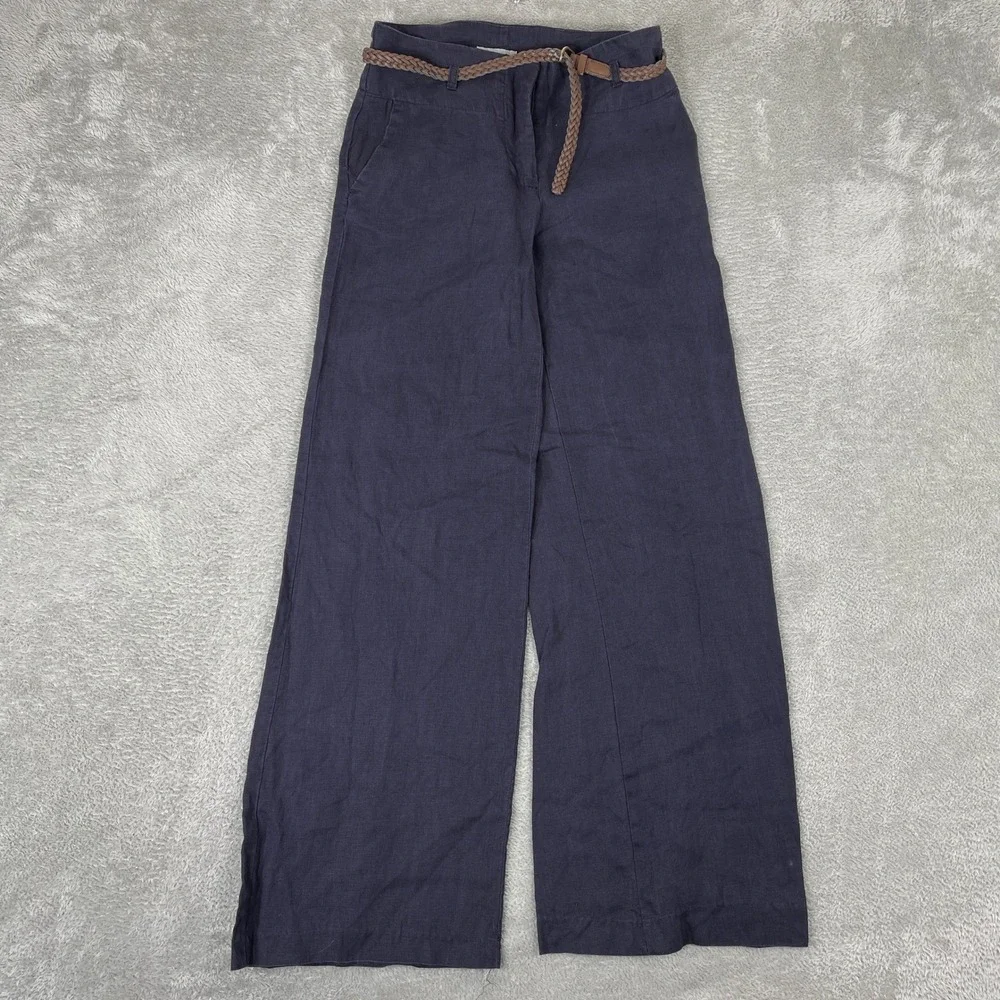 H&M Pants Womens 4 (26x29.5) Purple Linen Wide Leg Braided Belt Coastal Boho